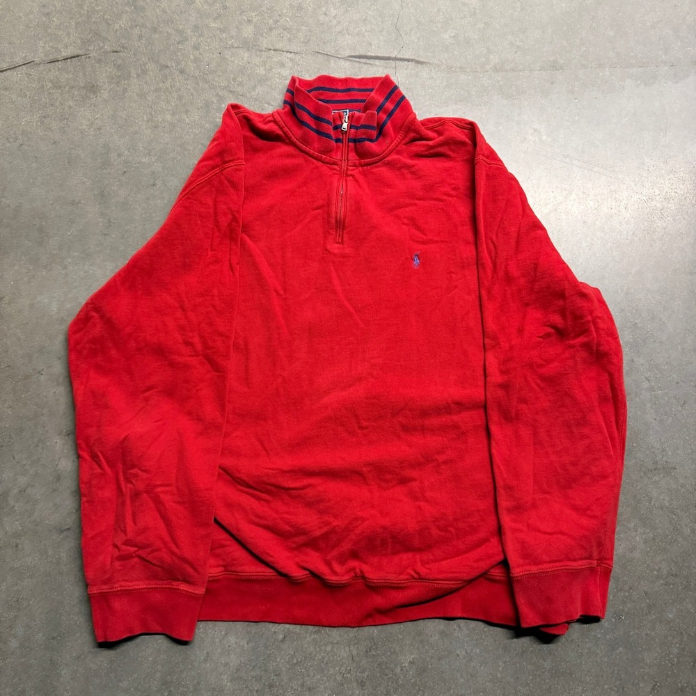 Polo Ralph Lauren Mens XXL Red Quarter Zip Striped Mock Neck Pullover Sweatshirt